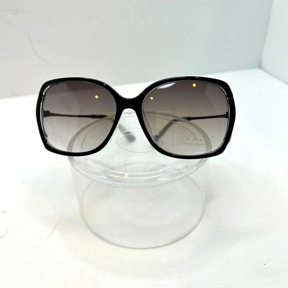 TAHARI 100% UV PROTECTION SUNGLASSES, 2 TONE FRAME, GREY&CLEAR W/CRYSTAL TEAR - Picture 1 of 10